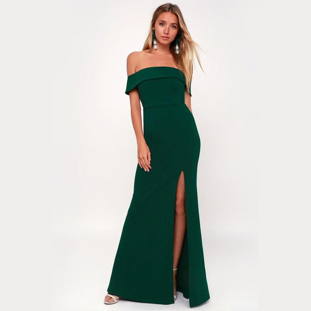 Lulu's Aveline Forest Green Off-the-Shoulder Maxi Dress